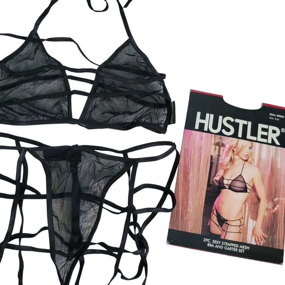 Y2k HUSTLER LINGERIE Sexy Mesh Black and Garter Set Discontinued NEW with tags
